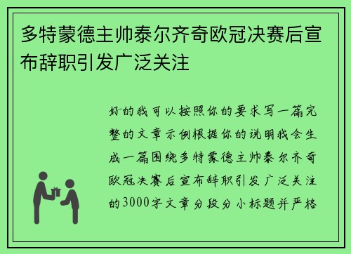 多特蒙德主帅泰尔齐奇欧冠决赛后宣布辞职引发广泛关注